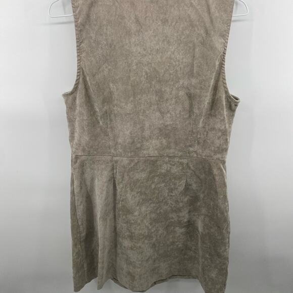 Lulus Benton Light Grey Corduroy Button-Up Sleeveless Mini Dress Deep V Sz Large - Picture 8 of 12